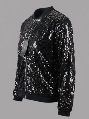 NWT Wulful Women's Plus Size XL Black Sequins Bomber Jacket Shiny Casual stretch